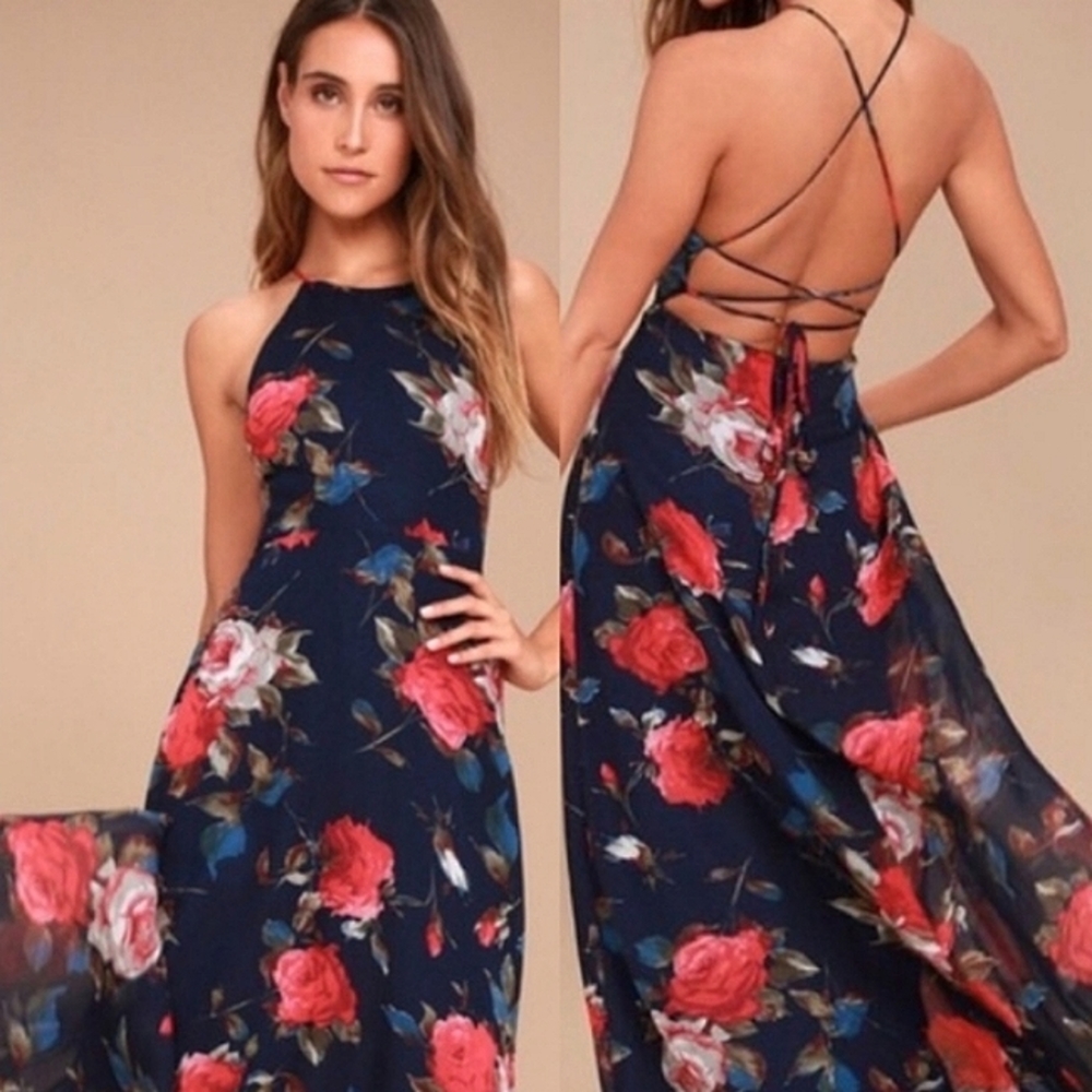 Lulu's - Dark blue with Red Floral Print Maxi Dress